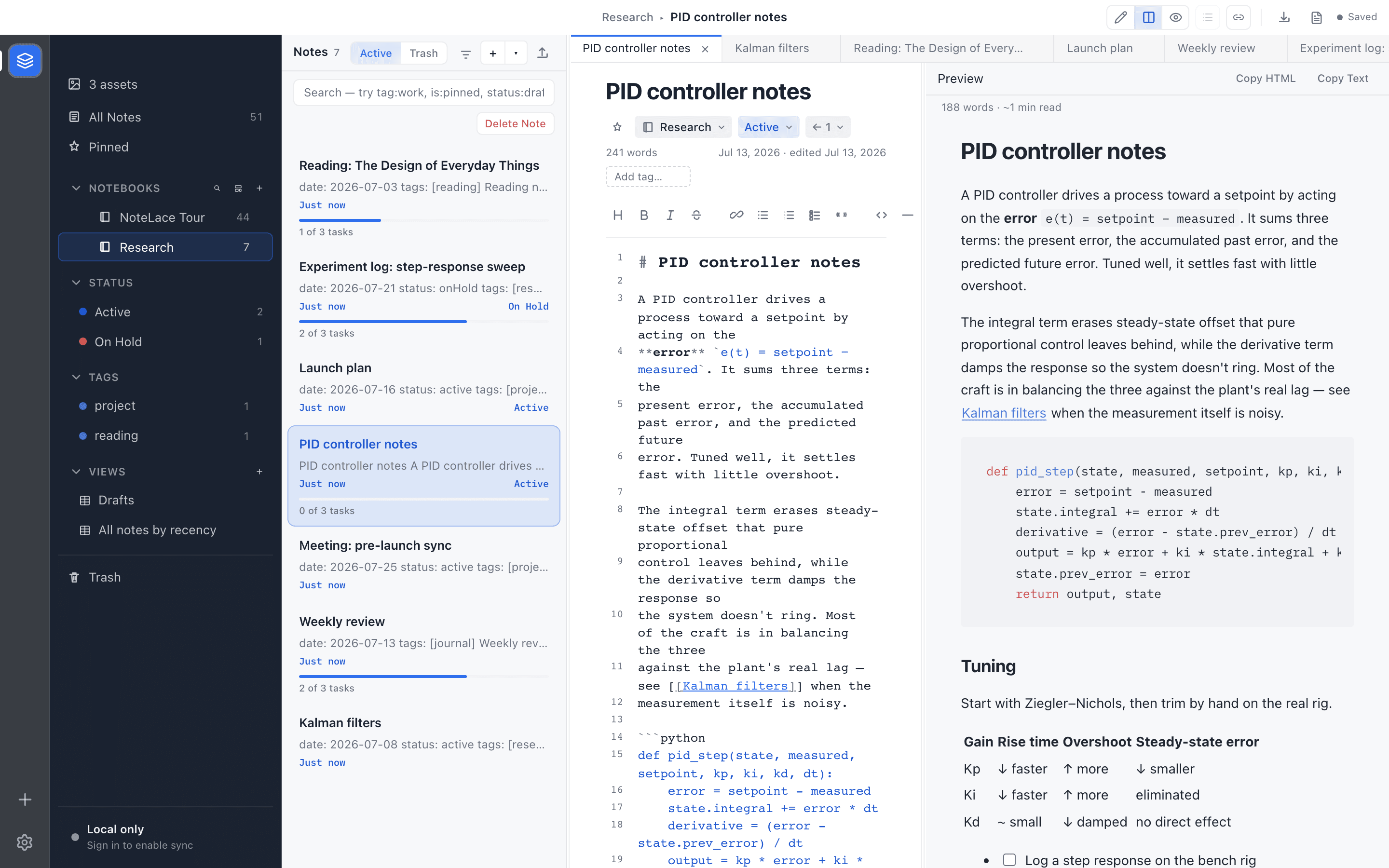A NoteLace workspace: plain Markdown notes in the editor with linked views