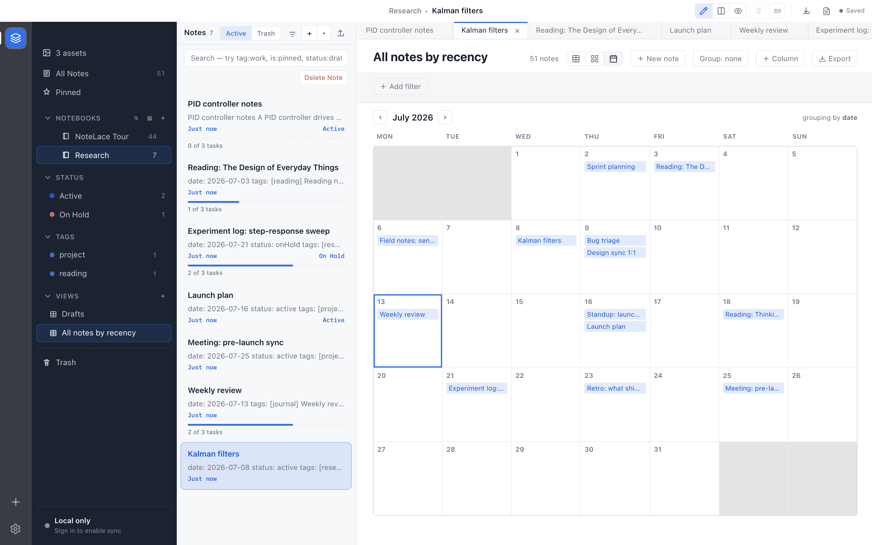 NoteLace Calendar view