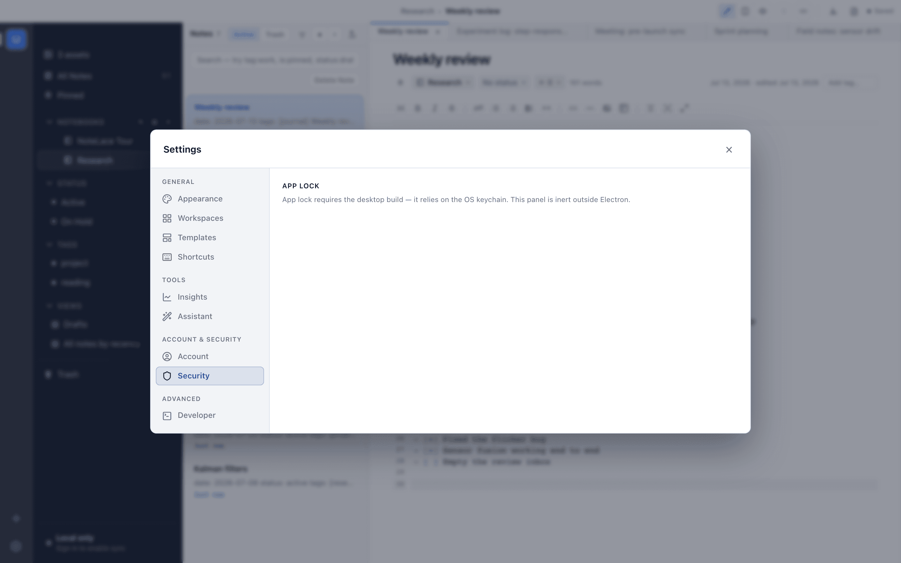 NoteLace sync and security settings