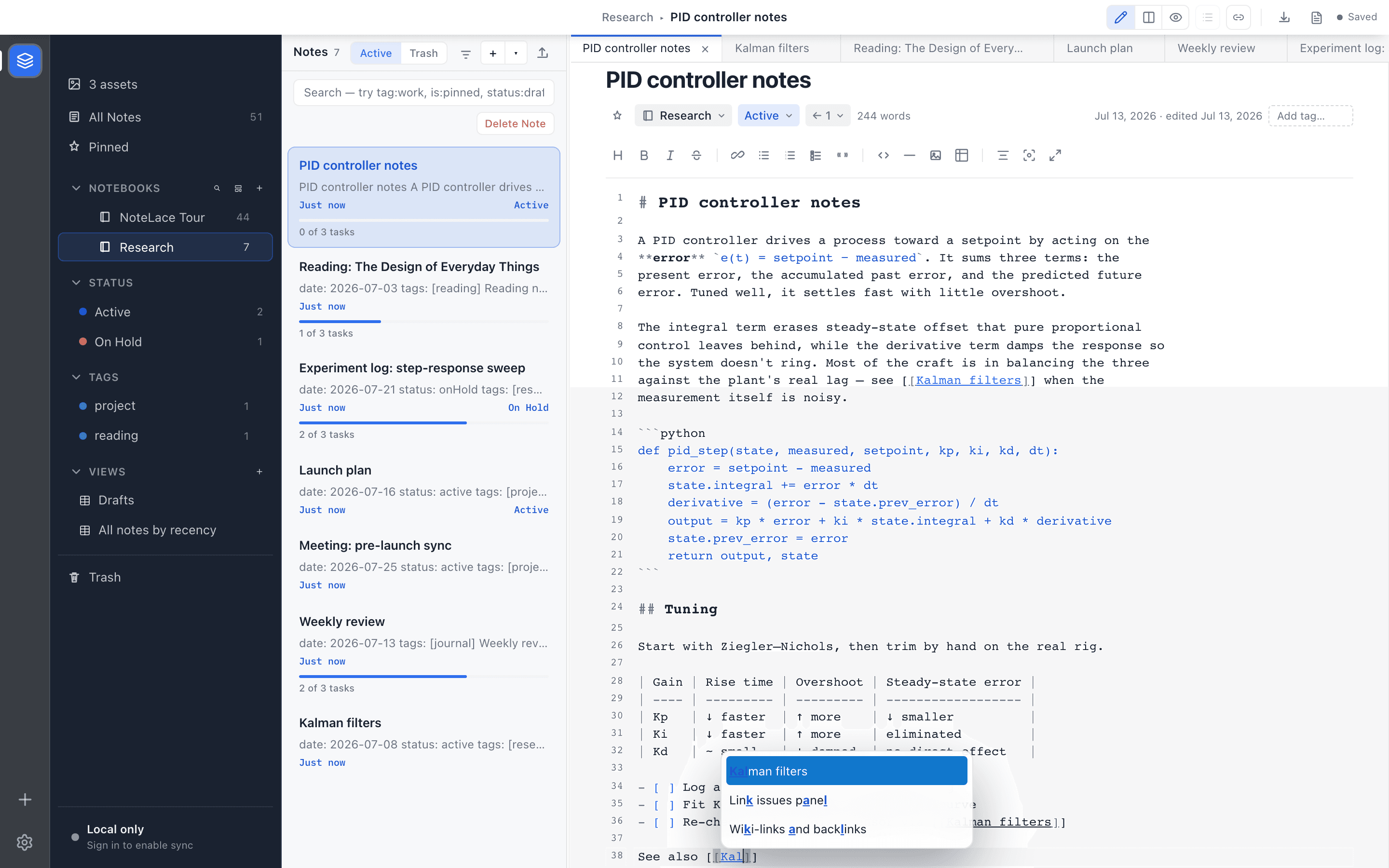 The NoteLace editor beside a live Markdown preview