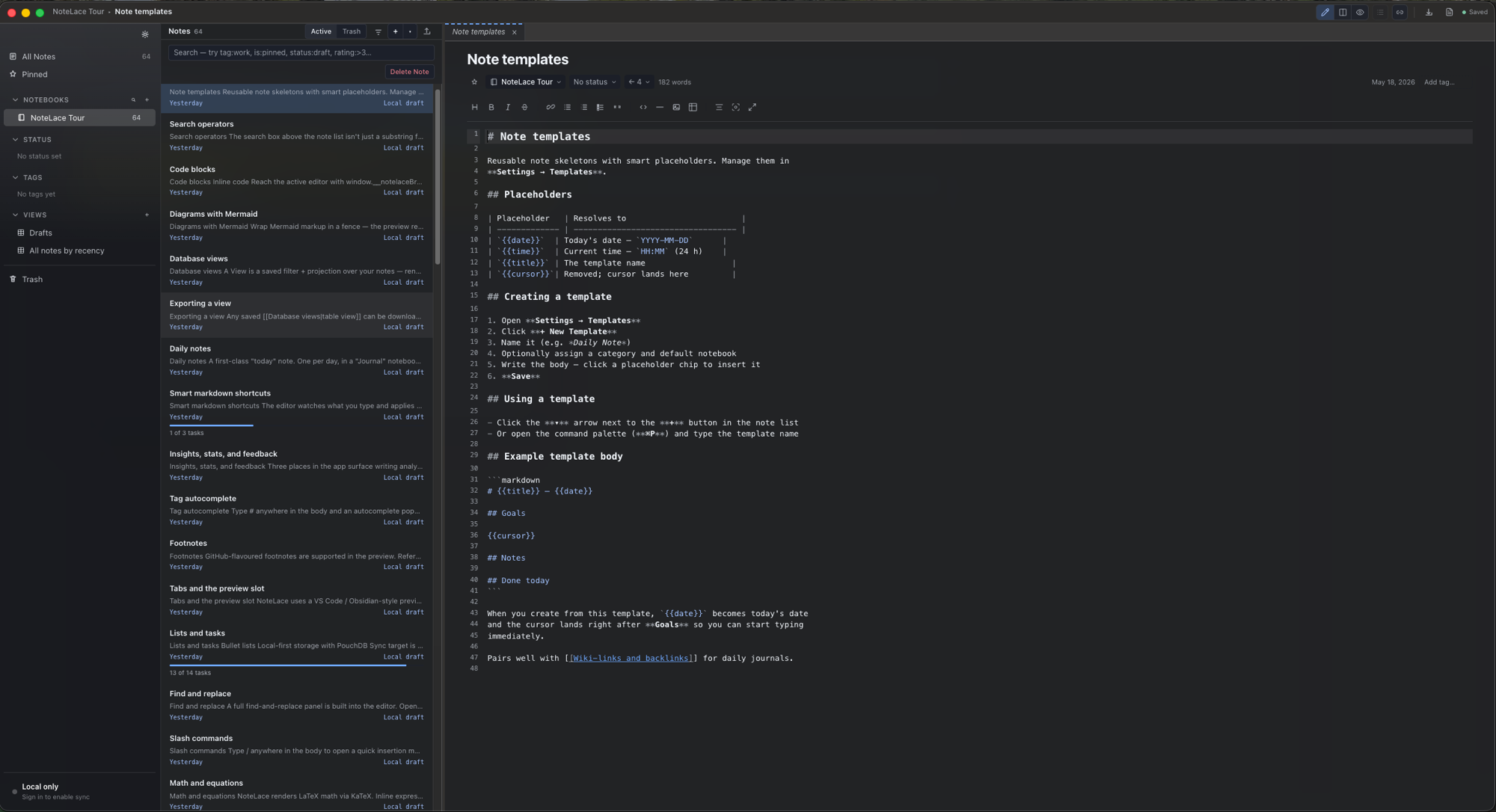 NoteLace desktop app — note list, Markdown editor, and live preview side by side