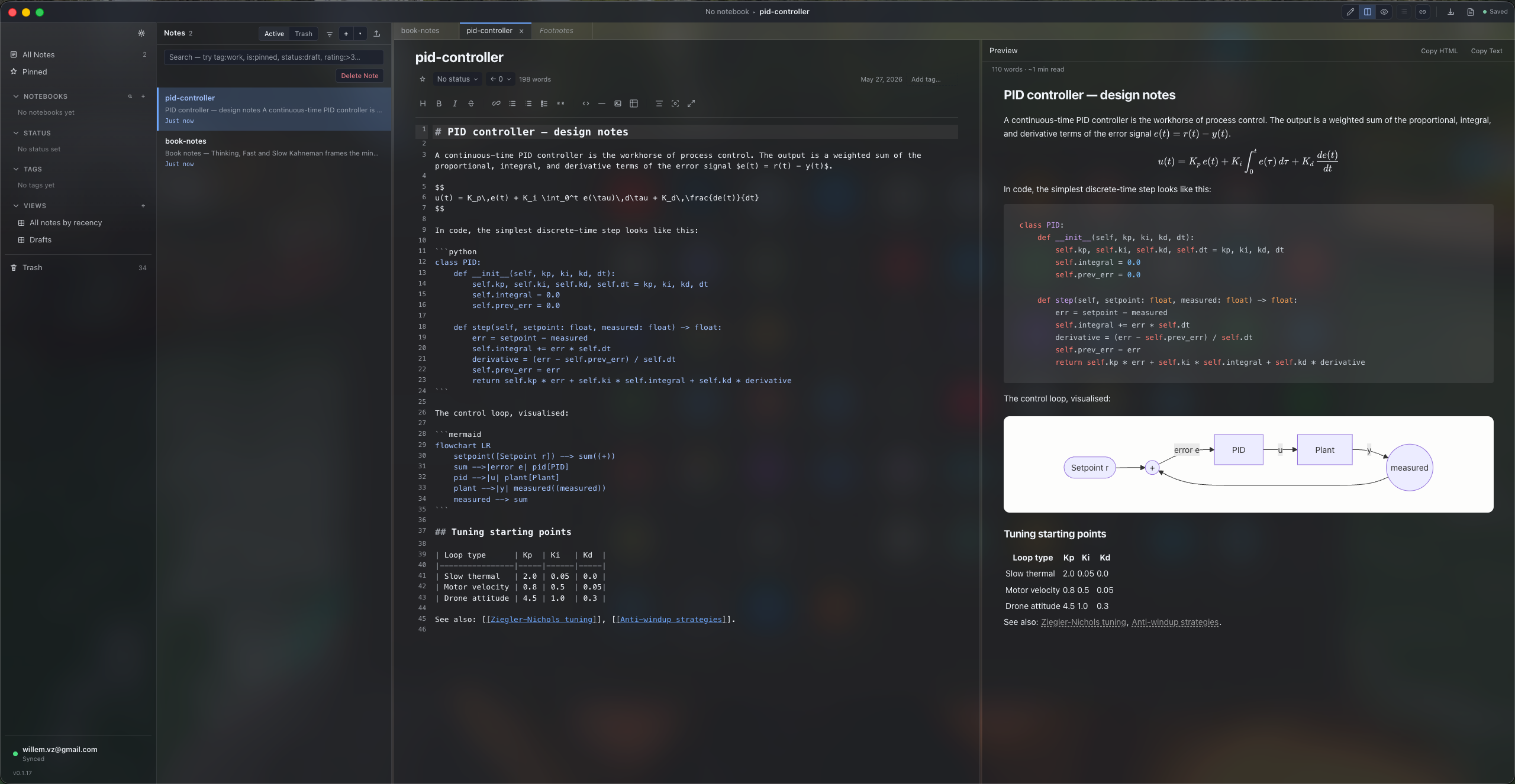 Close-up of the NoteLace editor showing KaTeX math, a syntax-highlighted code block, and a Mermaid diagram rendering live