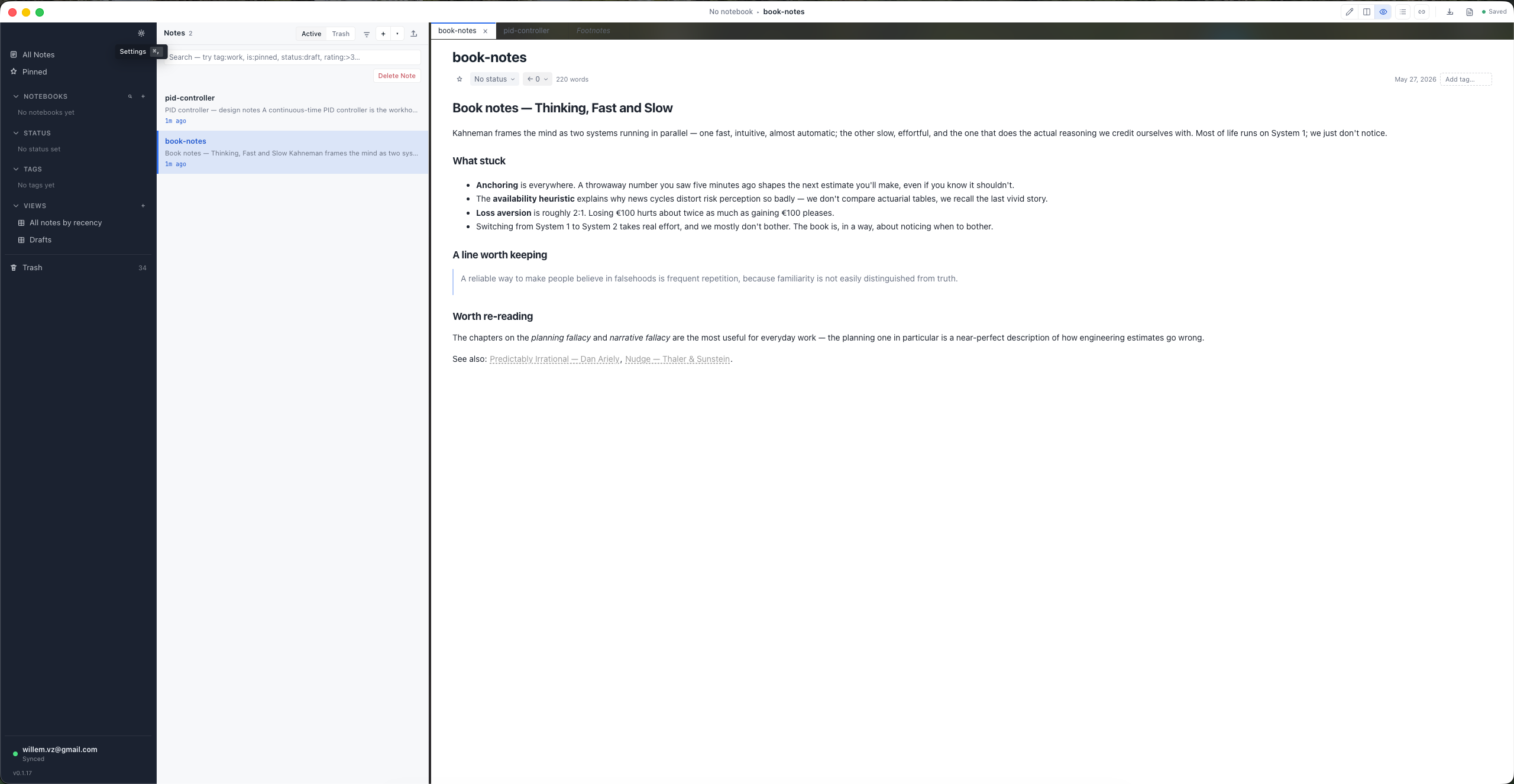 NoteLace with the Classic Light theme — a note rendered in the matching color palette