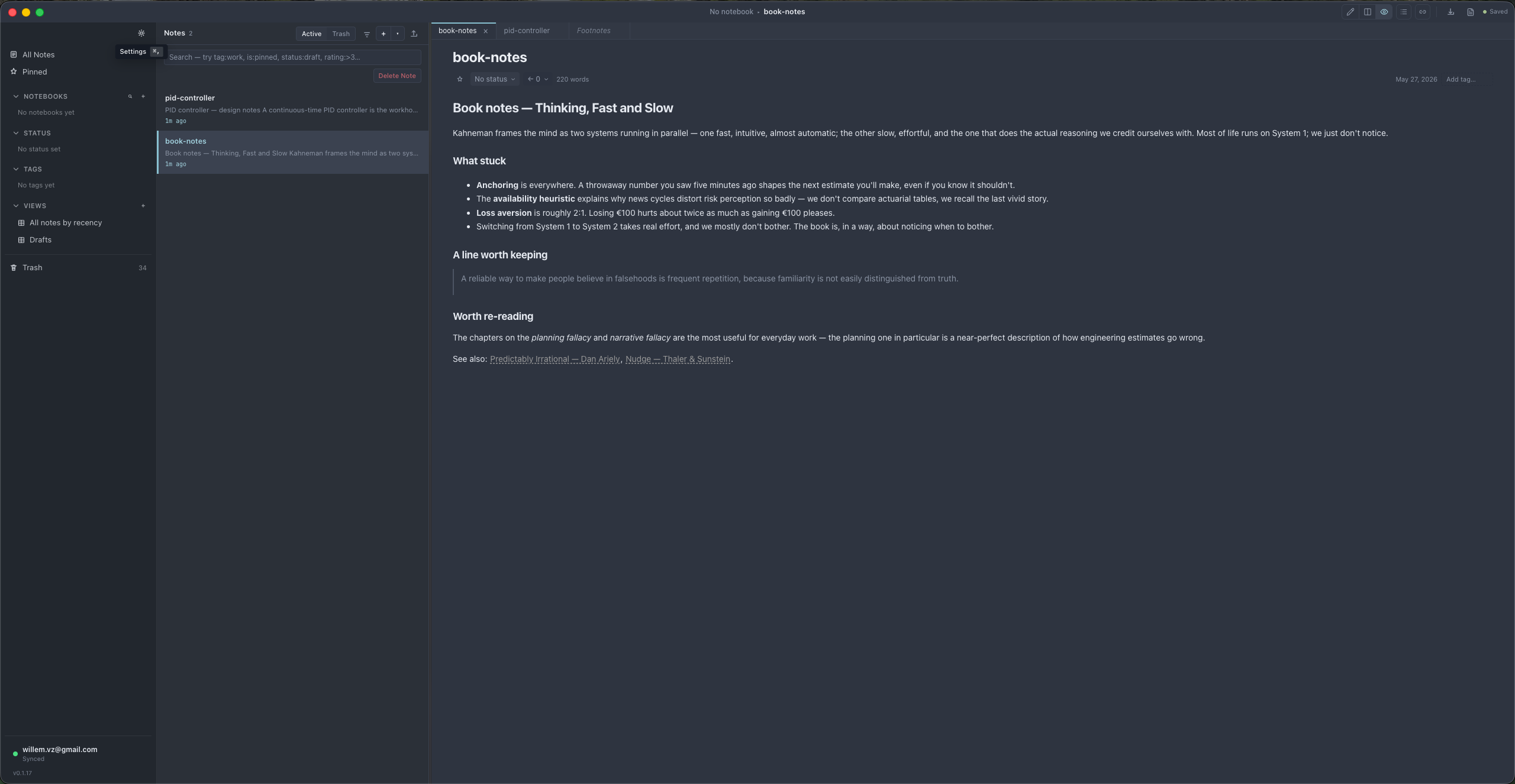 NoteLace with the Glacier theme — a note rendered in the matching color palette