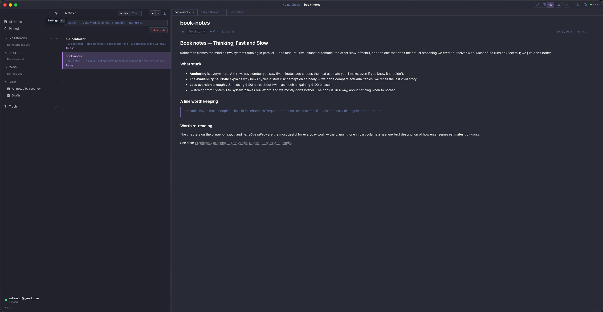 NoteLace with the Nightshade theme — a note rendered in the matching color palette