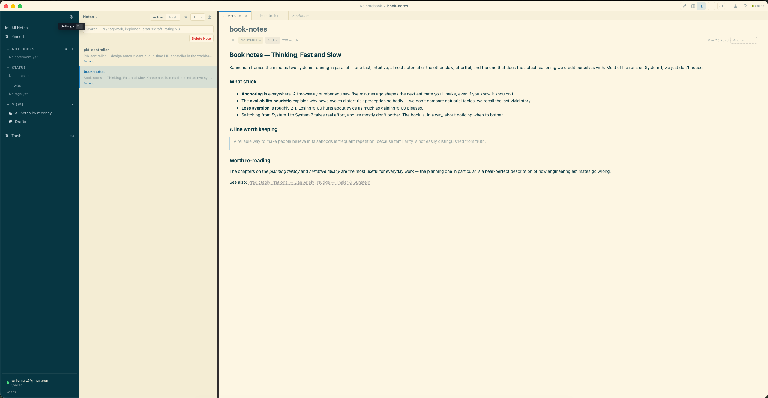 NoteLace with the Sepia theme — a note rendered in the matching color palette